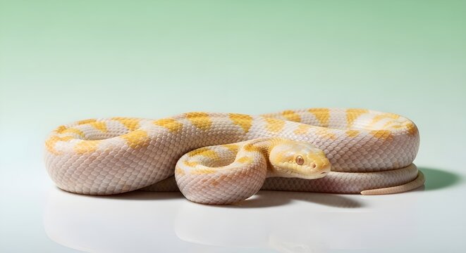 Studio shot of an albino python with pale yellow and lavender markings coiled neatly on a reflective white surface