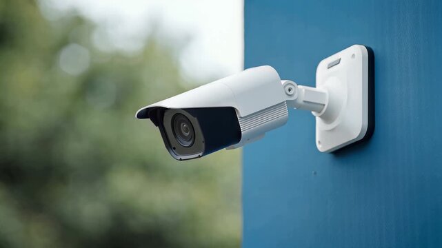 Outdoor security camera mounted on a wall, capturing the surrounding environment and trees from a fixed viewpoint