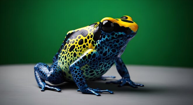 Macro photo of a poison dart frog with a very contrasting dark blue spot pattern and bright yellow back on a gray surface