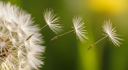 Obraz premium Dandelion Seeds Floating in Air – Light and Freedom Concept