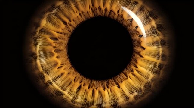 Mesmerizing detailed close-up shot of a beautiful human eye with striking amber-brown iris and long dark eyelashes capturing the intricate patterns of sight.