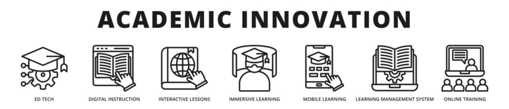Premium banner highlighting academic innovation through integrated learning technologies, interactive platforms, and forward thinking educational management systems outline icon style