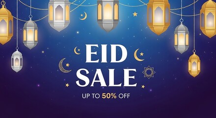 Eid sale promotion with lanterns and festive decorations on dark blue background