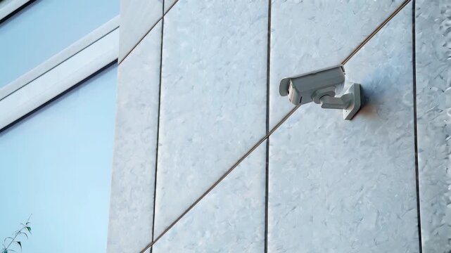 Outdoor security camera mounted on a concrete wall with a modern building's facade and window in the background viewed from a low angle.