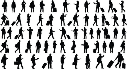 Silhouette of Diverse People Traveling Walking Carrying Luggage Bags and Using Phones in Airport Terminal Vector Illustration