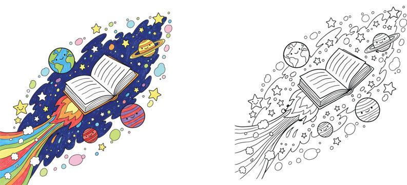 Cute flying book rocket launching into space with rainbow trail, planets and stars. Hand drawn doodle education concept. Coloring page outline and colored illustration set.