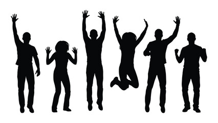 A group of people jumping in the air with their arms raised isolated on white background, Vector