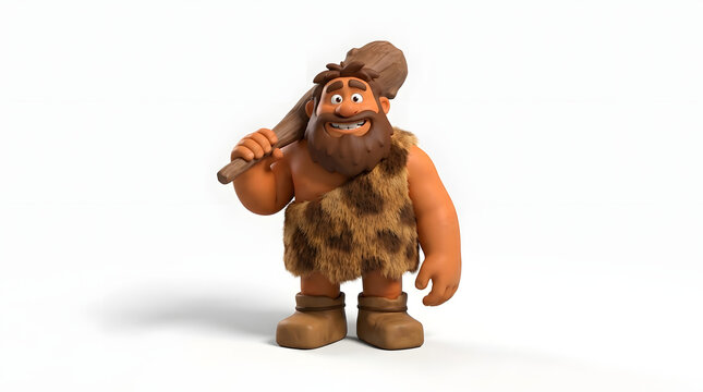 Funny Cartoon Caveman Character Holding Club Isolated on White