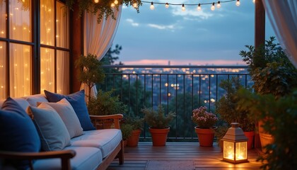 Fototapeta premium Cozy balcony with outdoor sofa plants and string lights. Cityscape view at dusk with soft glow from lantern on wooden deck. Evening relaxation space.