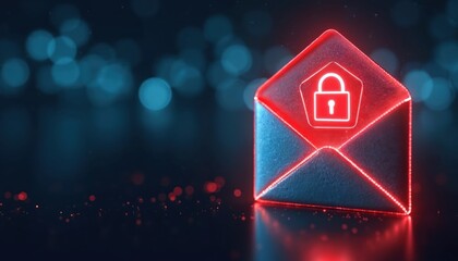 Naklejka premium Red glowing envelope with lock symbol. Digital mail security concept. Cyber threat protection for electronic correspondence. Spam and phishing alert. Secure data transfer and business communication.