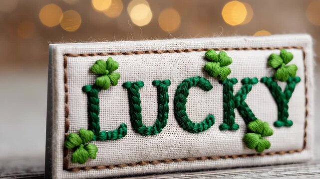 Lucky shamrock embroidery patch fabric clover green holiday decor celebration, stitched lettering label with bokeh lights, rustic textile craft closeup for St Patrick Day festive decoration