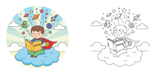 Cute superhero boy reading adventure book on cloud with space and dragon imagination, vector illustration with black and white coloring page outline © MMONIR