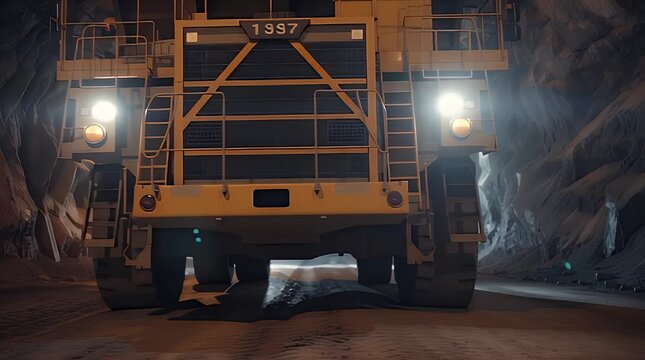 A massive heavy-duty mining haul truck with its bright headlights on, illuminating the dark and dusty underground tunnel where valuable minerals are extracted by dedicated workers.