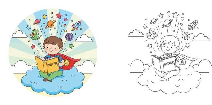 Cute superhero boy reading adventure book on cloud with space and dragon imagination, vector illustration with black and white coloring page outline