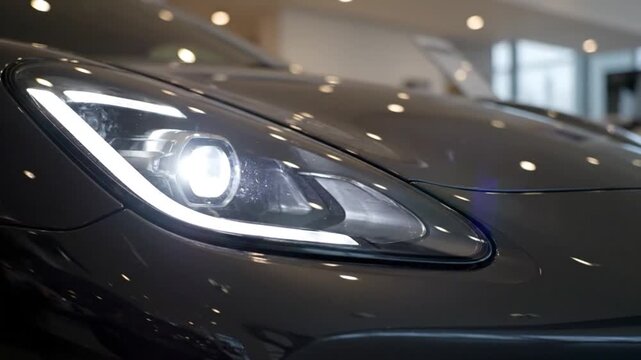 Sleek black sports car headlight in modern showroom