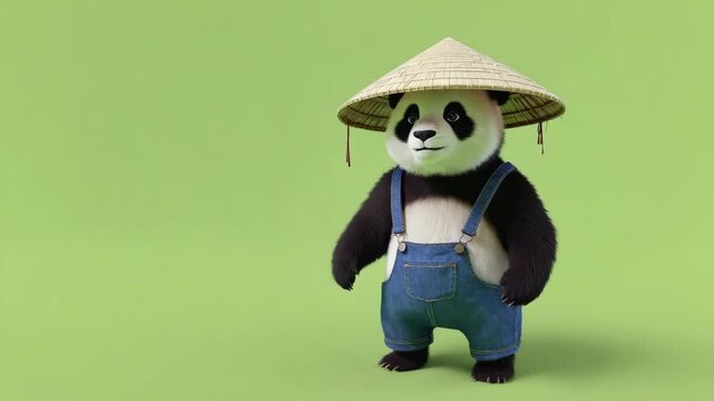 3d Panda in Overalls and Straw Hat on Green Screen Background Stock Video