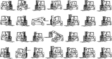 Collection of various industrial forklifts and telehandlers, including counterbalanced, rough terrain, and telescopic handlers, presented as detailed black and white line art sketches  © victoria