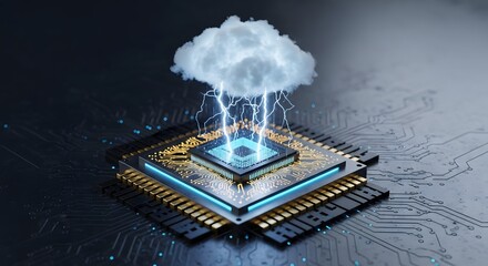 AI chip futuristic technology with glowing energy cloud on water