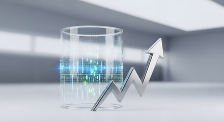 3D growth arrow rising from digital tablet with financial charts in modern office