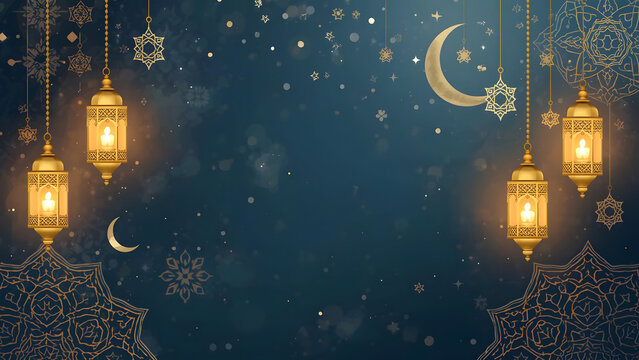 Ramadan Kareem decorative background with lanterns, moon, stars and ornaments