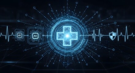 Medical healthcare cross icon digital network technology futuristic glow
