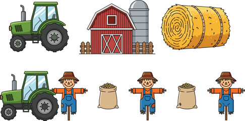 Farm illustration set featuring tractor, barn, hay bale, scarecrows, and grain sacks representing agriculture, rural life, and farming © yesrin
