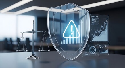 3D shield with stock chart and gavel in modern office background