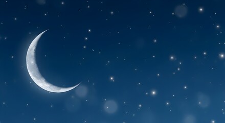 Fototapeta premium Crescent moon shining brightly in a starry night sky with a dark blue background and white glowing stars