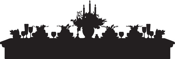 Black silhouette of a formal dinner table with candelabra and floral centerpiece