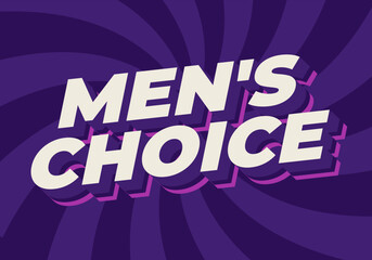 Bold retro text mens choice in cream with pink shadow on purple radial swirl background, vibrant pop art style
