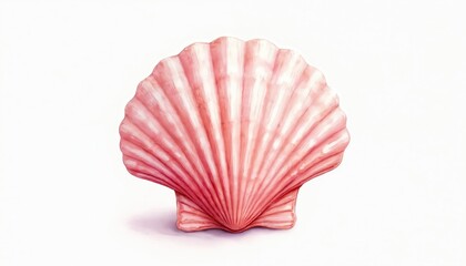 Single pink scallop shell shown from front. Watercolor art isolated on white background. Coastal, ocean theme graphic for design. Summer, beach motif.