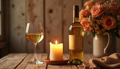 Naklejka premium Bottle of white wine rests near lit candle and wine glass. Roses in vase decorate table. Warm light creates cozy atmosphere for romantic dinner.