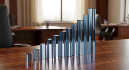 3D growth bars rising on wooden table in modern office success