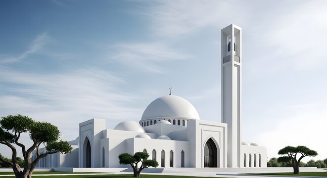 Minimalist Futuristic Mosque Architecture with Clean White Lines