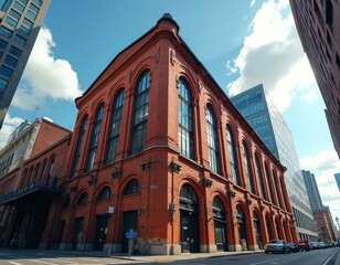 Historic red brick building stands next to modern glass skyscraper. Urban architecture shows contrast between old and new styles. City street scene with cars and blue sky.