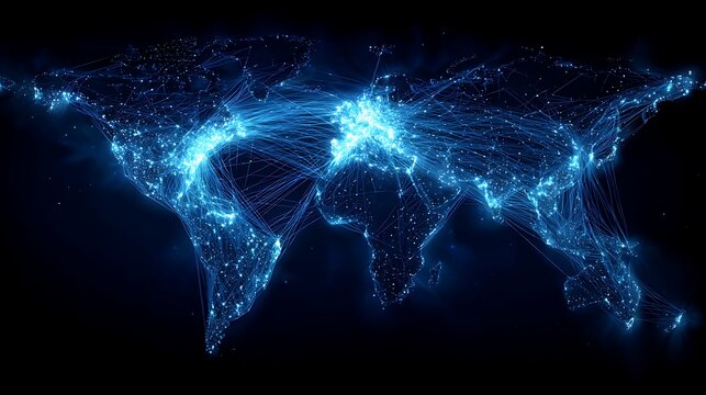 global blockchain shipping network, glowing cargo routes across world map, digital port nodes connected by blockchain grid