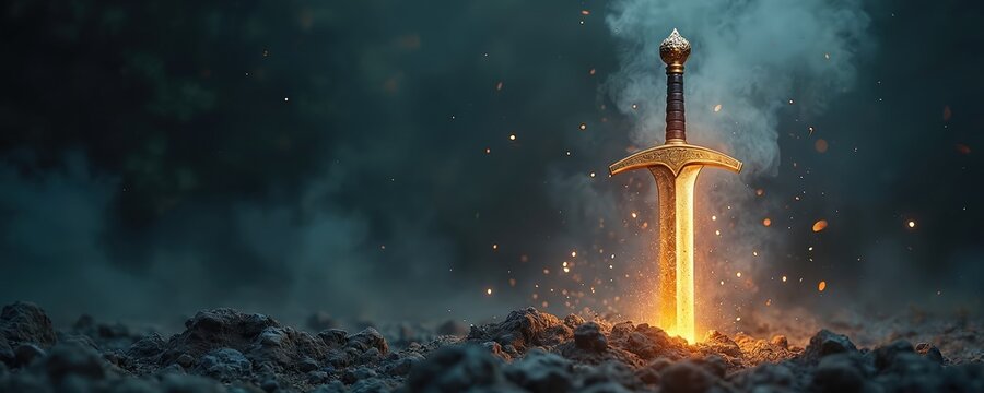 Golden sword plunged into dark earth, glowing with intense light, heat. Smoke, sparks fly around ancient weapon, suggesting powerful magical event legendary battle aftermath. Scene dark, atmospheric,