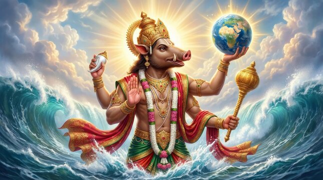 Varaha Avatar : Divine Varaha Avatar of Vishnu Holding Earth Above Ocean Waters.