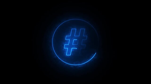 Glowing blue hashtag symbol on dark background with futuristic neon light effect for social media de