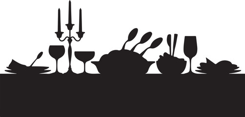 Black silhouette of dining table setting with food and wine glasses