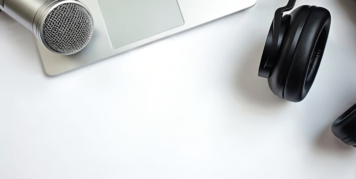 Microphone and headphones on laptop. Modern audio equipment for recording sound podcasting or music production. Isolated objects on white table.