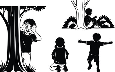Black and white illustration of children outdoors playing and sitting near trees representing nature, activity, and childhood moments