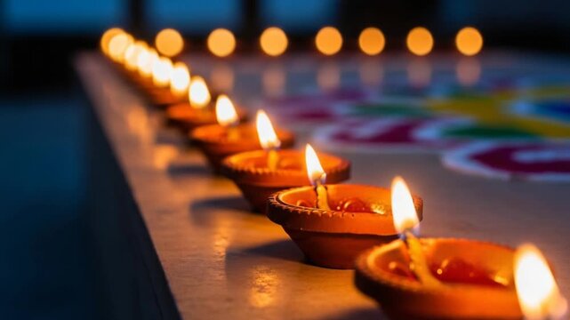 Candles Burning in Row Creating Warm Festive Glow Close Up