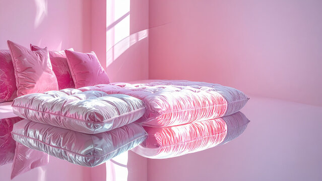 Pink pillows reflection surface. Interior design concept. Textile materiality. Zen space visualization. Window light shadow. Studio mockup. Home decor aesthetic. Digital dreamcore surrealism. Room.