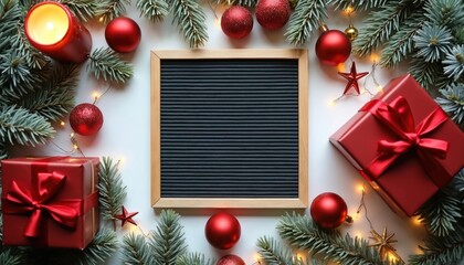 Fototapeta premium Festive letter board surrounded by Christmas ornaments pine branches and gift boxes. Cozy scene with warm candle light and string lights, ready for holiday messages.