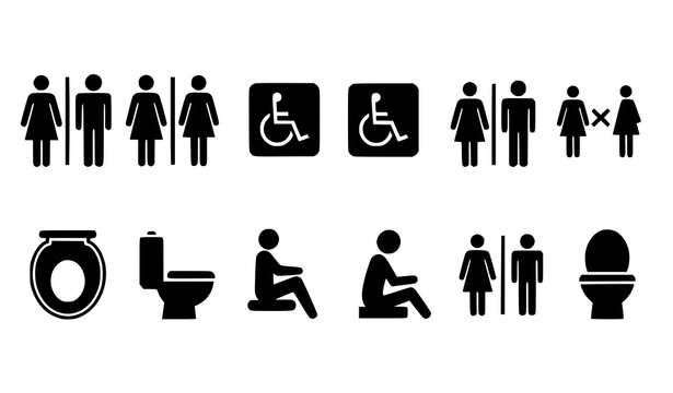 A set of black and white vector icons depicting restroom and toilet symbols