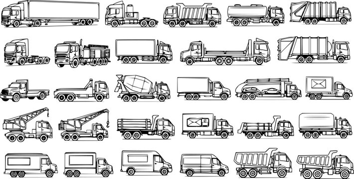 Set of various hand-drawn line art illustrations of different types of trucks and commercial vehicles for transport, construction, and special purposes, isolated on white background.