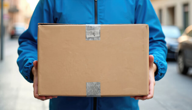 Delivery person holds brown package outdoors. Person wears blue jacket, carries parcel for transport. Sealed cardboard box with tape has shipping label, ready for delivery service.