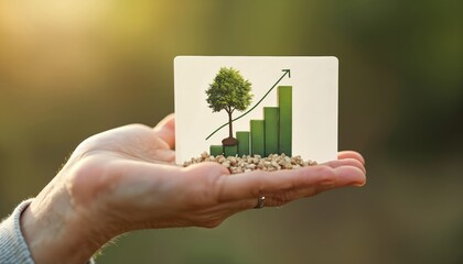 Obraz premium Hand shows card with tree and green growth chart. Represents financial success, investment, and eco-friendly business growth. Symbolizes future planning and development.