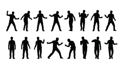 A group of black silhouettes of people in various dance poses isolated on white background, Vector